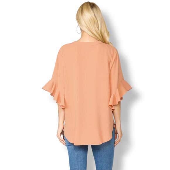 GiGiO Womens Blouse Size Medium‎ Daydream Apricot Ruffled Sleeves NEW - Picture 4 of 9